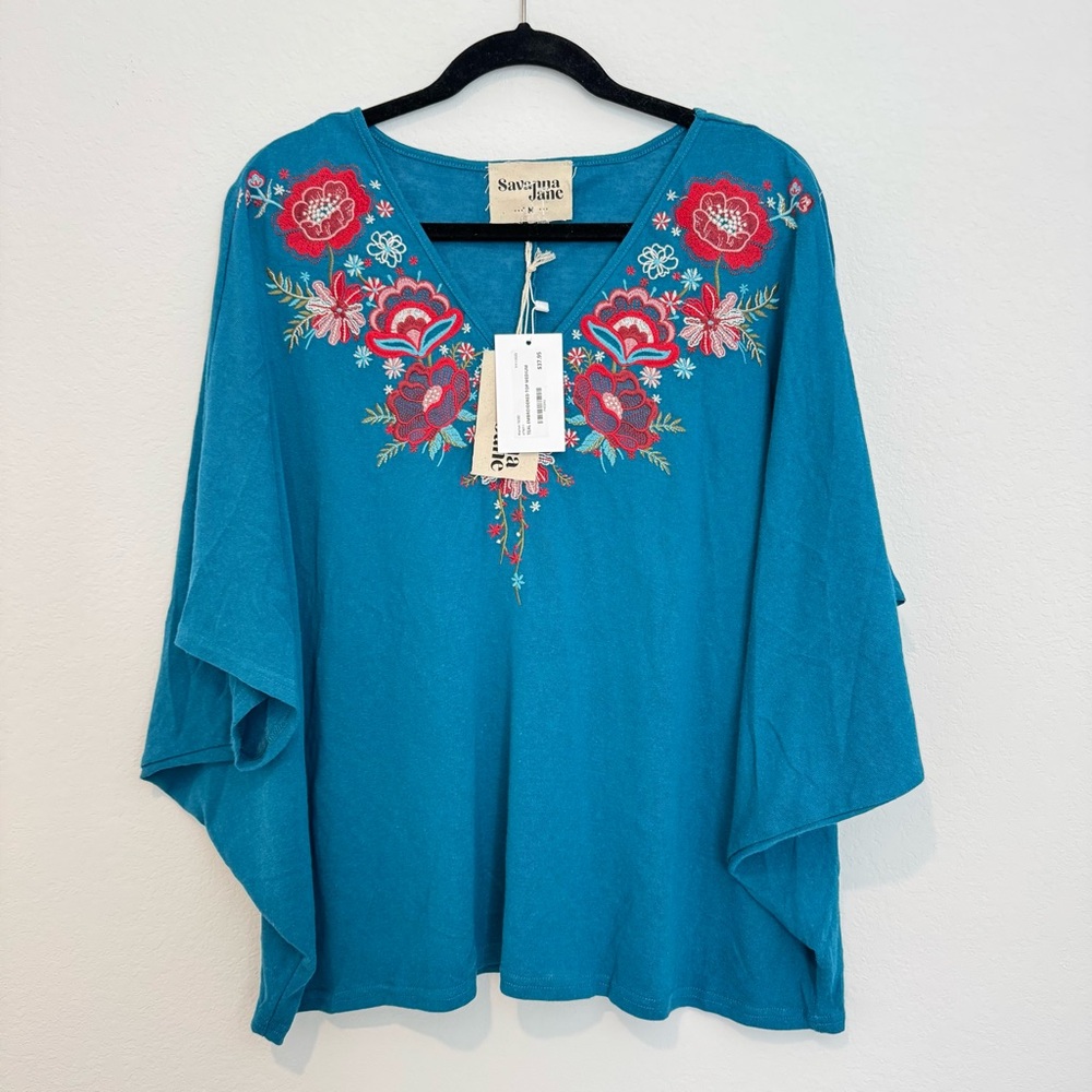 Savanna Jane Teal Embroidered Dolman Sleeve Relaxed Blouse Top